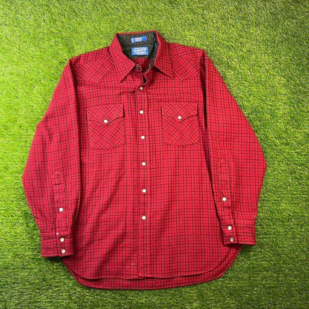 VTG Pendleton High Grade Western Wear Red Plaid Pearl Snap Wool Shirt Size L
